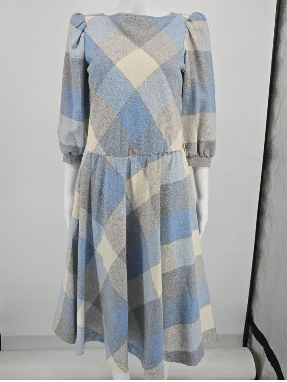 Vintage 1980s Pea Patch New York Plaid Puff Sleeve Midi Prairie Dress (S)